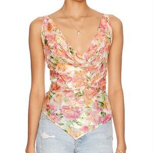 LPA Georgia Gaia Floral Print Cowl Neck Handkerchief Hem Top NWT Size Large